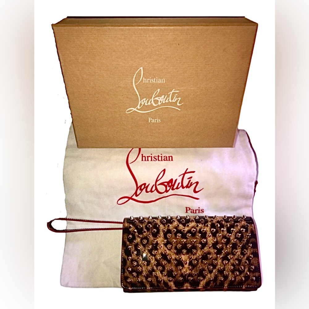 ♥️🐆 Christian Louboutin Macaron Leopard Panettone Spikes Wallet Wristlet Clutch